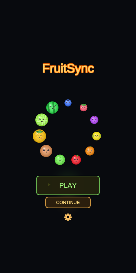 The FruitSync title screen: the orange wordmark above a ring of eleven smiling fruit, from blueberry up to watermelon, with a green PLAY button and an orange CONTINUE button below.