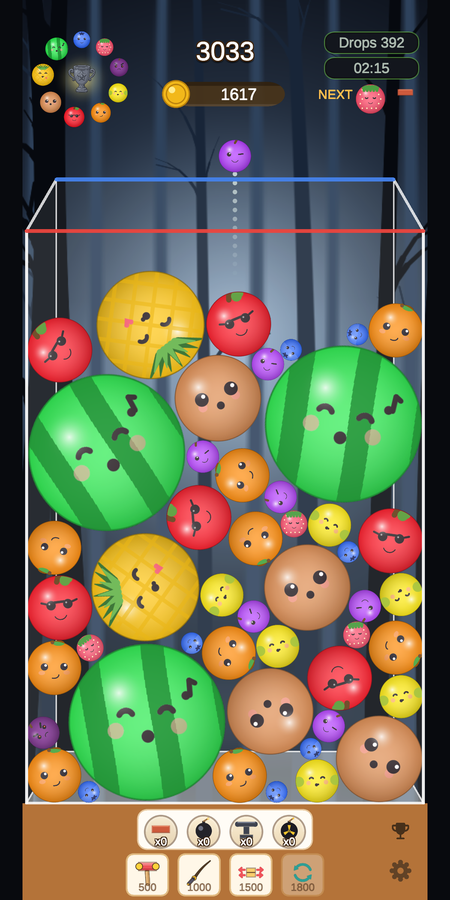 The same box overrun with scowling angry fruit, including one dark watermelon with red eyes and a zigzag mouth. Score 145,890, 617 coins, 10,700 drops.