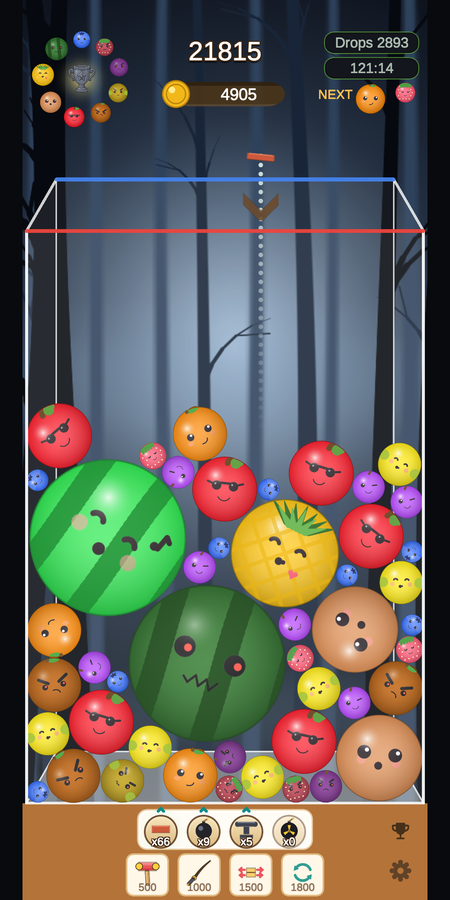 The glass box filled almost to the red line with smiling fruit — green watermelons, yellow pineapples, red apples and blue blueberries — on a dark forest background. Score 29,015 and 6,480 coins.