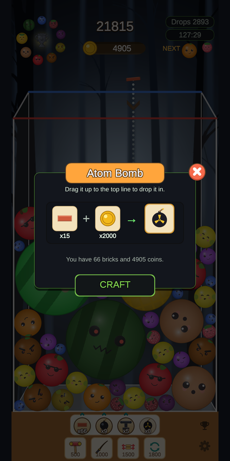 The craft screen: the Atom Bomb recipe, fifteen bricks plus two thousand coins, with the line 'You have 58 bricks and 4,191 coins' and a green CRAFT button.