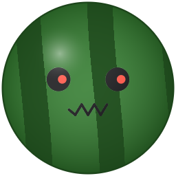 A dark green watermelon with red glowing eyes and a black zigzag mouth.