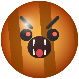 A glowing ember-orange fruit with a wide, roaring open mouth full of teeth.