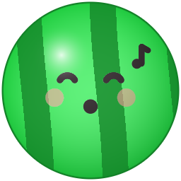 A bright green watermelon with closed smiling eyes, rosy cheeks and a music note beside its head.